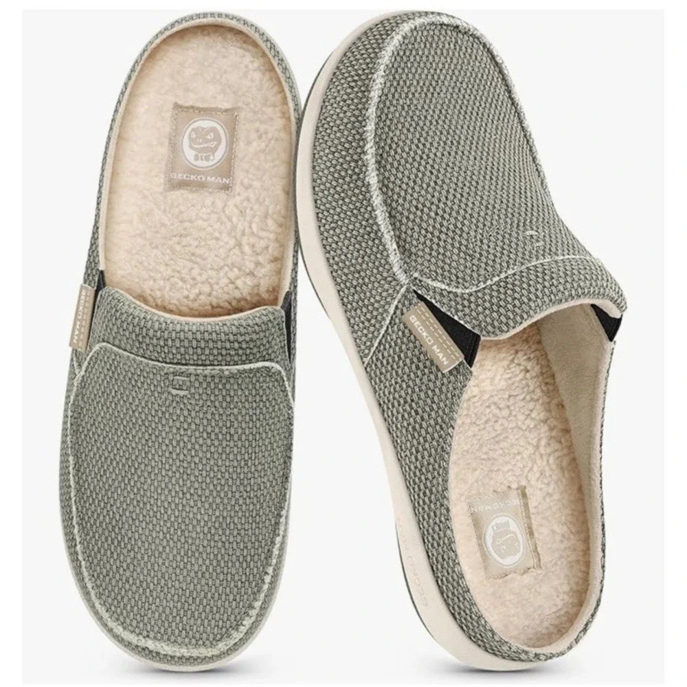 Mens Slippers with Arch Support, Canvas 11 Olive ( Built-in Fleece Insoles ) NEW